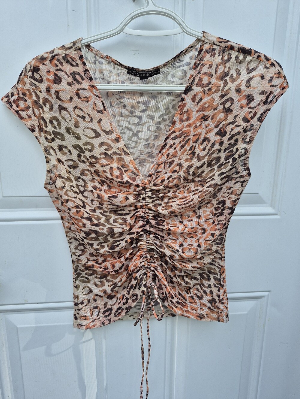 Guess Cheetah Leopard Print Y2K Sheer Mesh Layering Top With Adjustable Ties